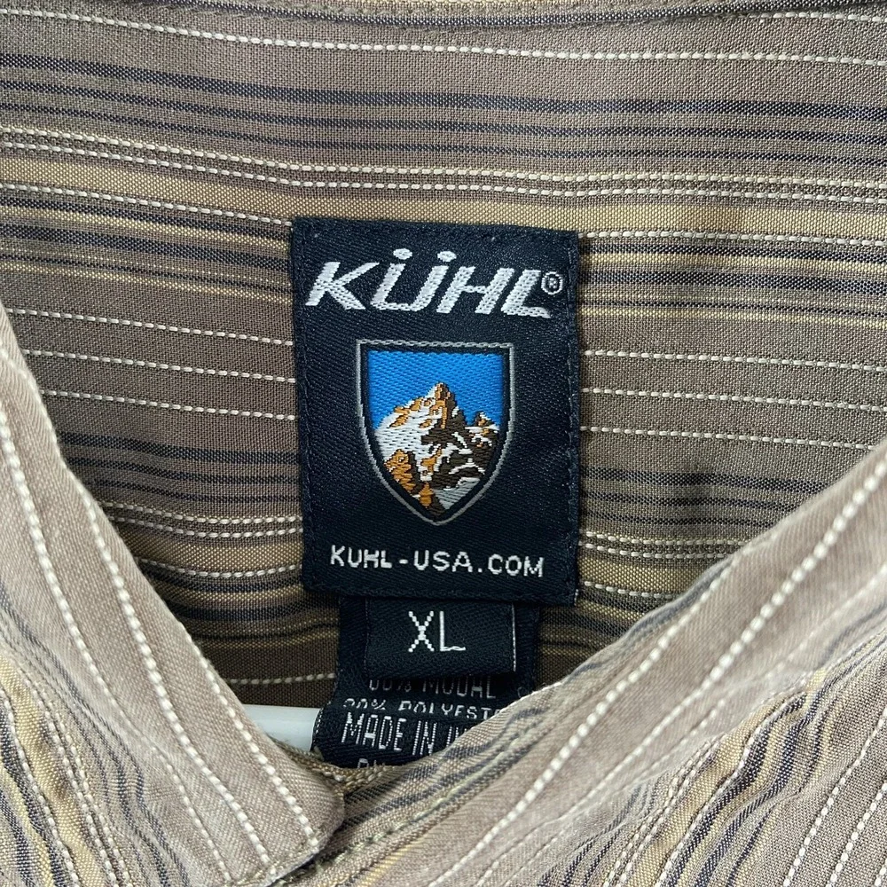 KUHL Shirt Mens XL Button Up Striped Short Sleeve Brown Pocket Hiking Outdoor